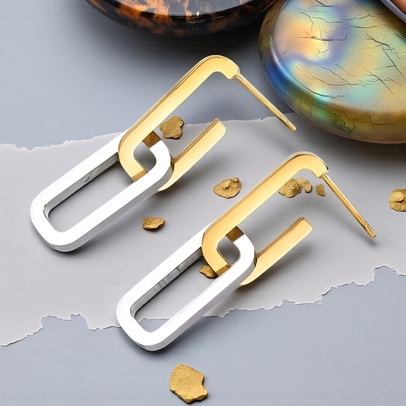 🆕️Minimalist Chic Two Tone C Hoop Earrings 18K Gold Plated Stainless Steel - Picture 11 of 12